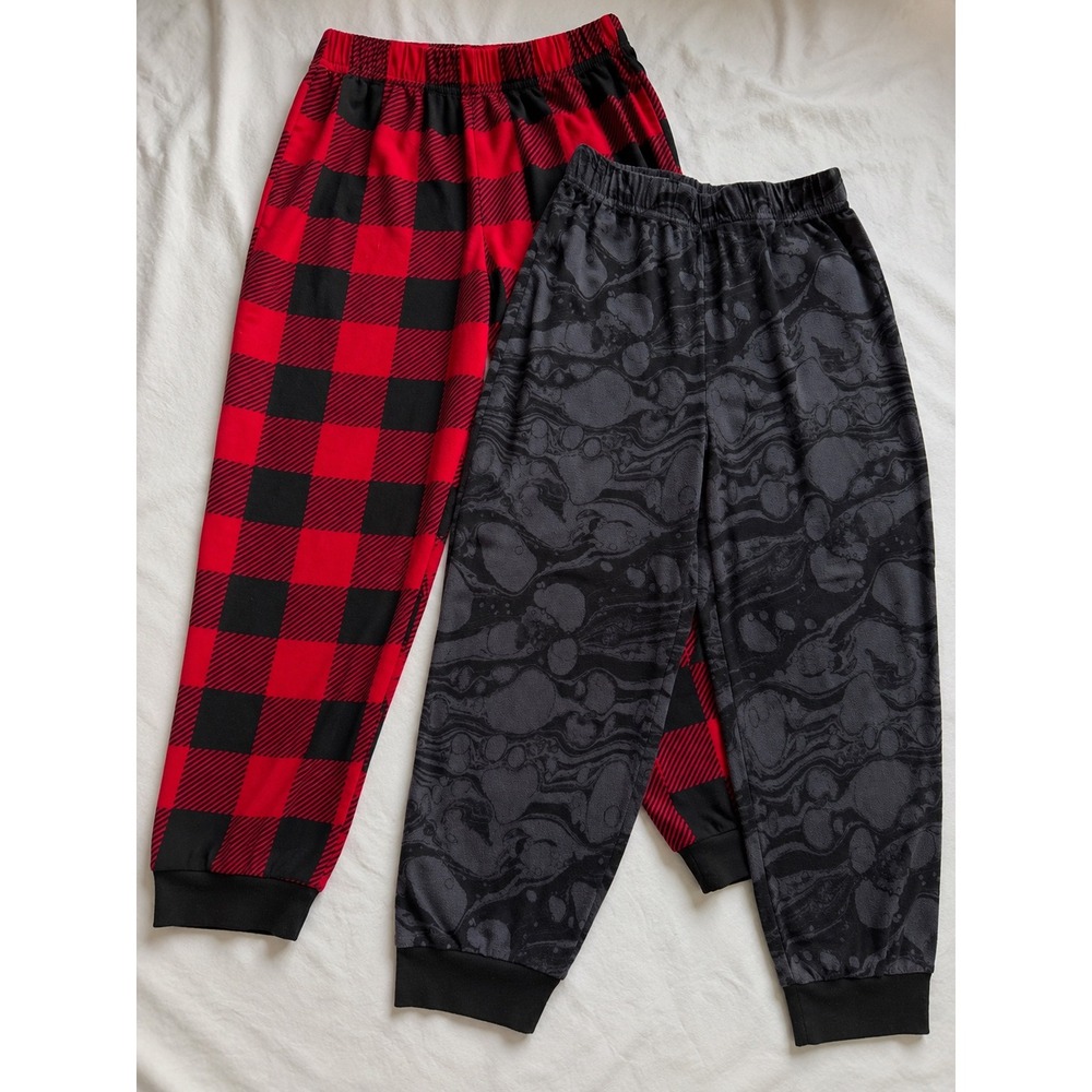Cuddl Duds Boys Pajama Jogger Pants 2 Pack Buffalo Plaid Marble Grey Red L 10/12
